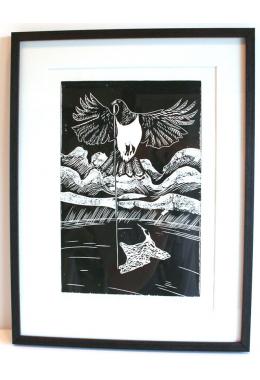 Manu Berry Maui as kereru woodcut black paper moulding2